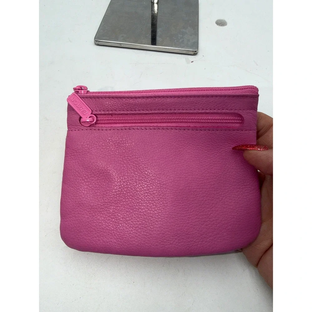 Buxton Pink Genuine Leather Card Case ID Window Coin Purse Key Ring Zip Pouch
